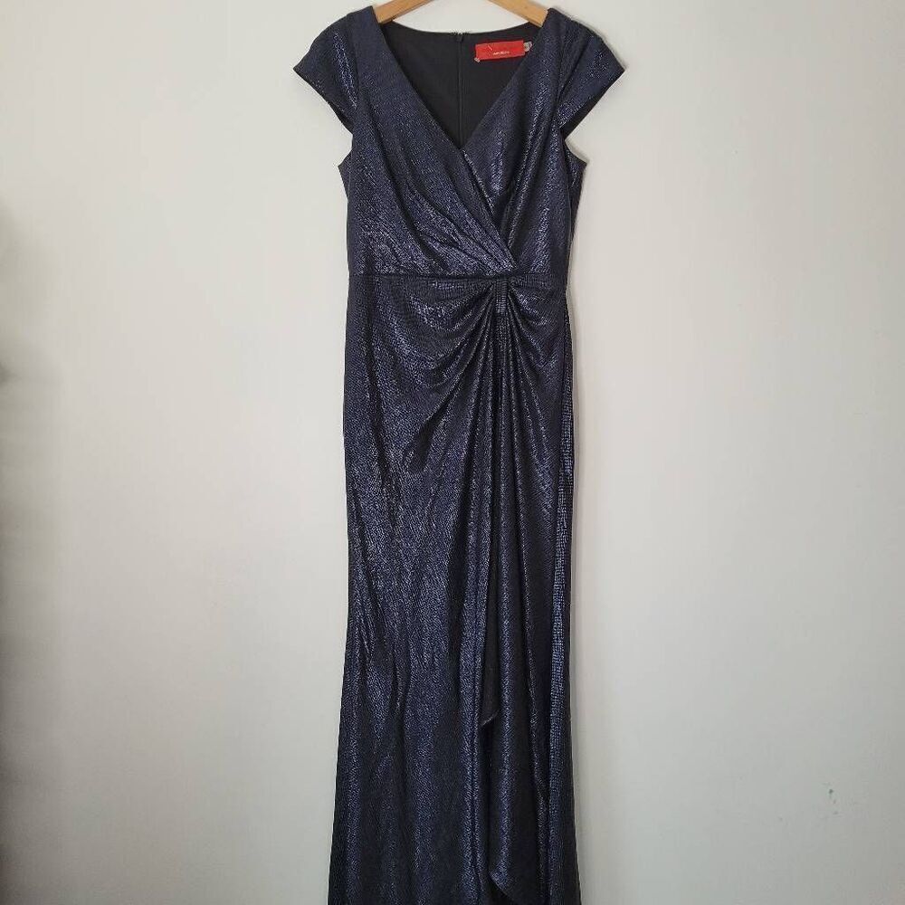 Carmen Marc Valvo Infusion Metallic Navy Draped Gown Evening Dress Size 6